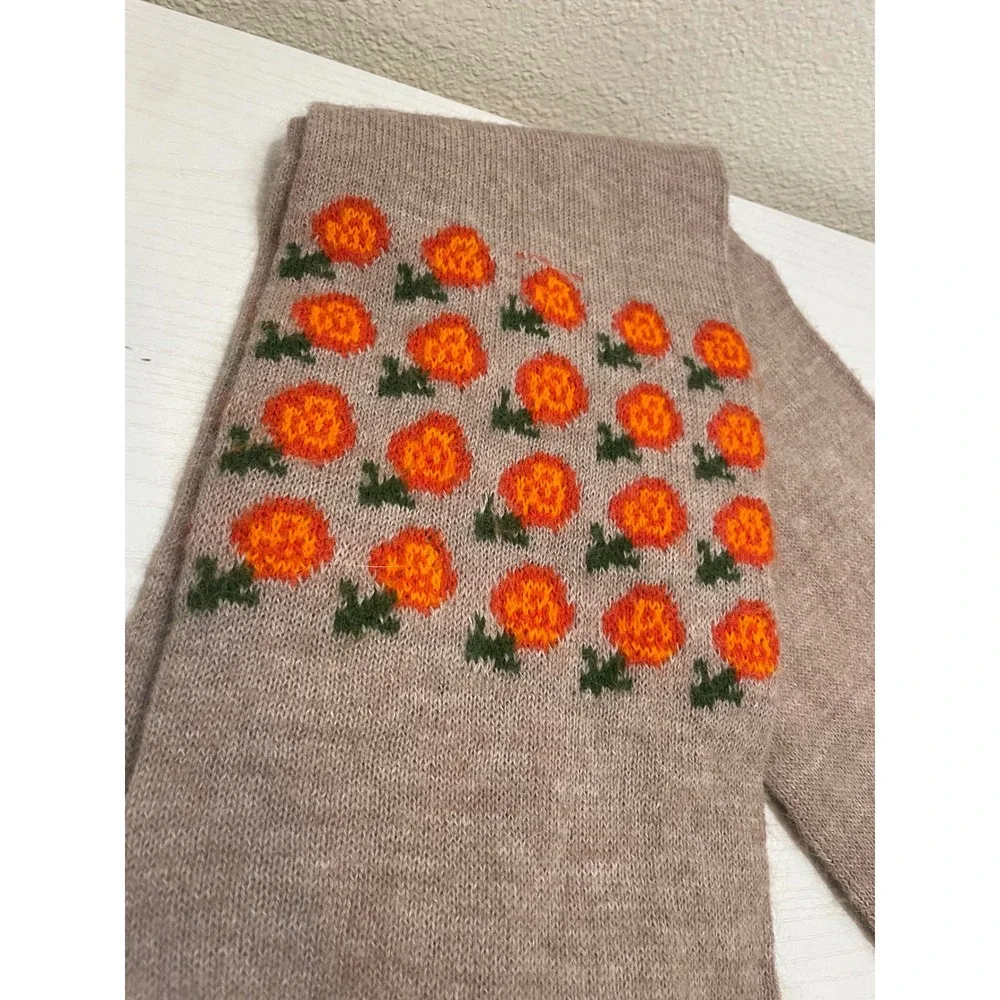 Cozy‎ Knit Scarf Orange Floral Embroidered Fringe Warm Winter Accessory